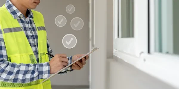 Home inspector in high-visibility vest reviewing checklist