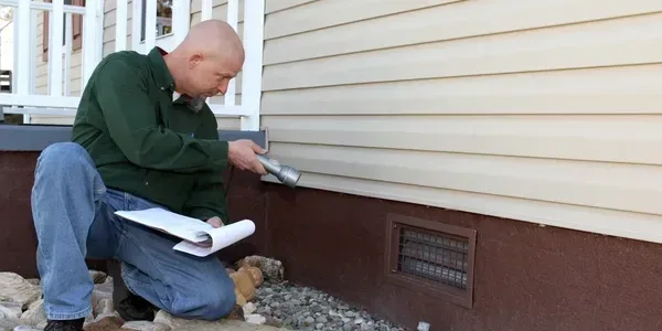 Home inspector examining house exterior siding